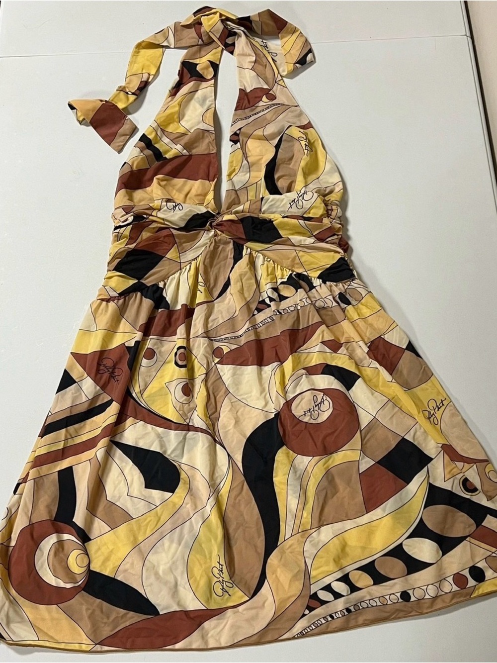Baby Phat Brown Yellow Abstract Geometric Y2K Halter Babydoll Dress Size L 🤎✨